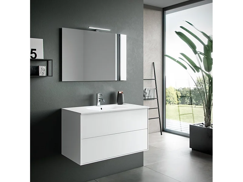 Ensemble meuble de salle de bain 2 tiroirs laqué blanc mat et miroir à LED Oga L 90cm