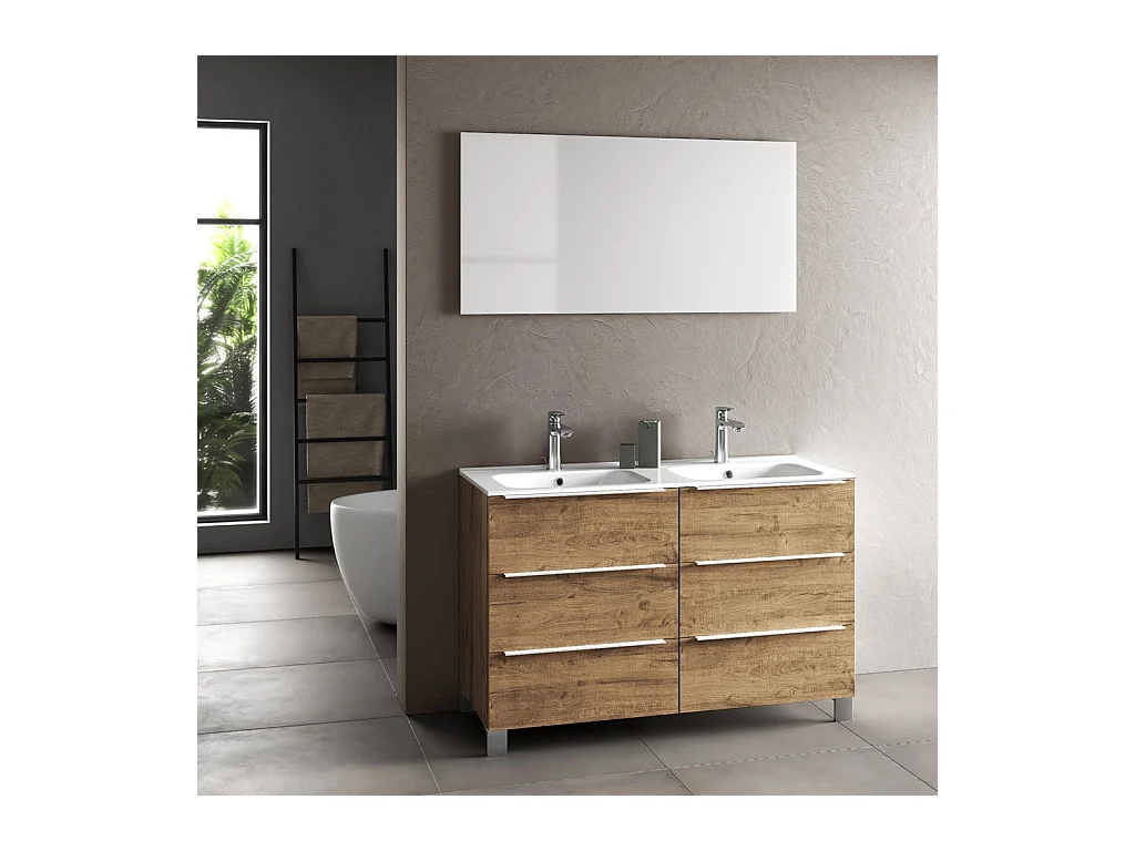 Ensemble meuble de salle de bain 6 tiroirs bois chêne clair et miroir Malo L 120cm