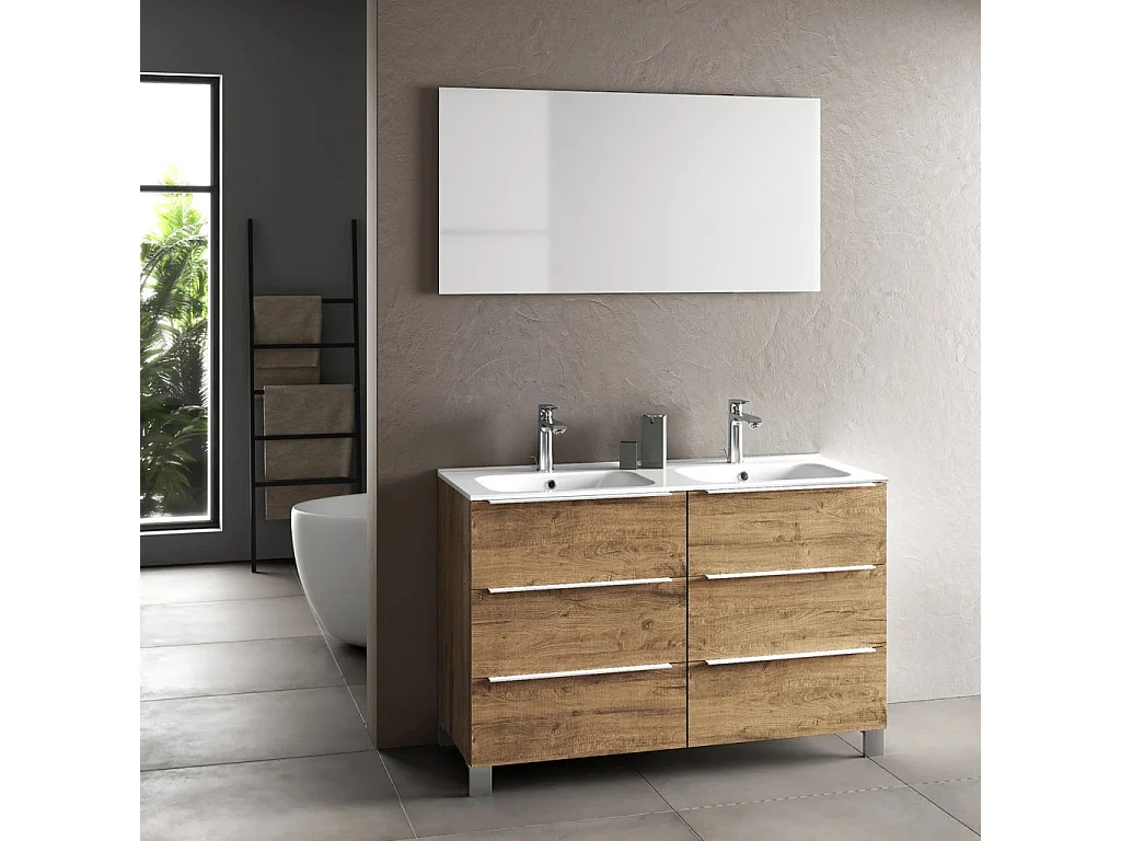 Ensemble meuble de salle de bain 6 tiroirs bois chêne clair et miroir Malo L 120cm