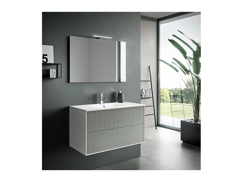 Ensemble meuble de salle de bain 2 tiroirs laqué blanc et gris et miroir à LED Oga L 90cm