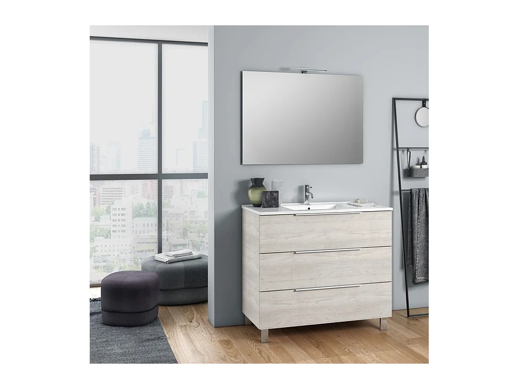 Ensemble meuble de salle de bain 3 tiroirs gris clair et miroir à LED Mola L 80cm