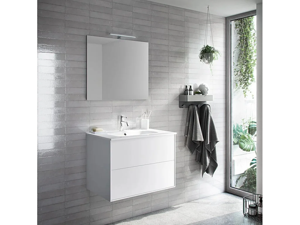 Ensemble meuble de salle de bain 2 tiroirs laqué blanc et miroir lumineux Lago L 60cm