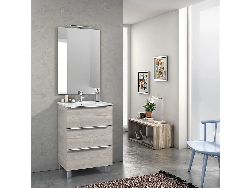 Ensemble meuble de salle de bain 3 tiroirs bois gris clair et miroir lumineux Malo L 60cm