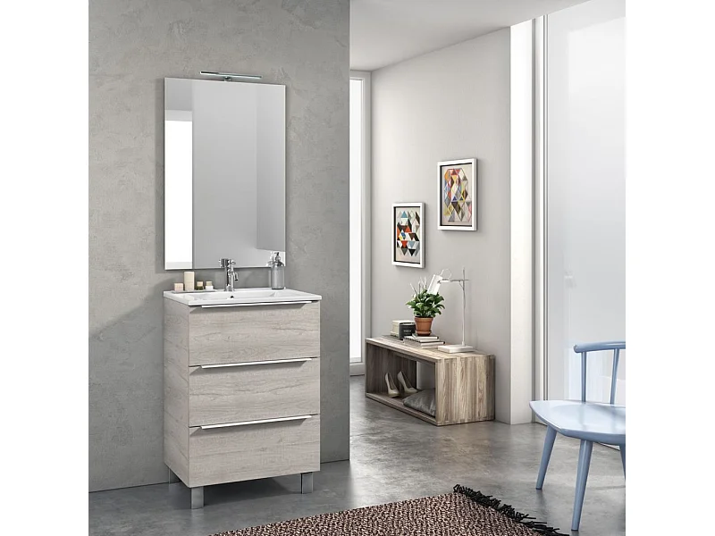 Ensemble meuble de salle de bain 3 tiroirs bois gris clair et miroir lumineux Malo L 60cm