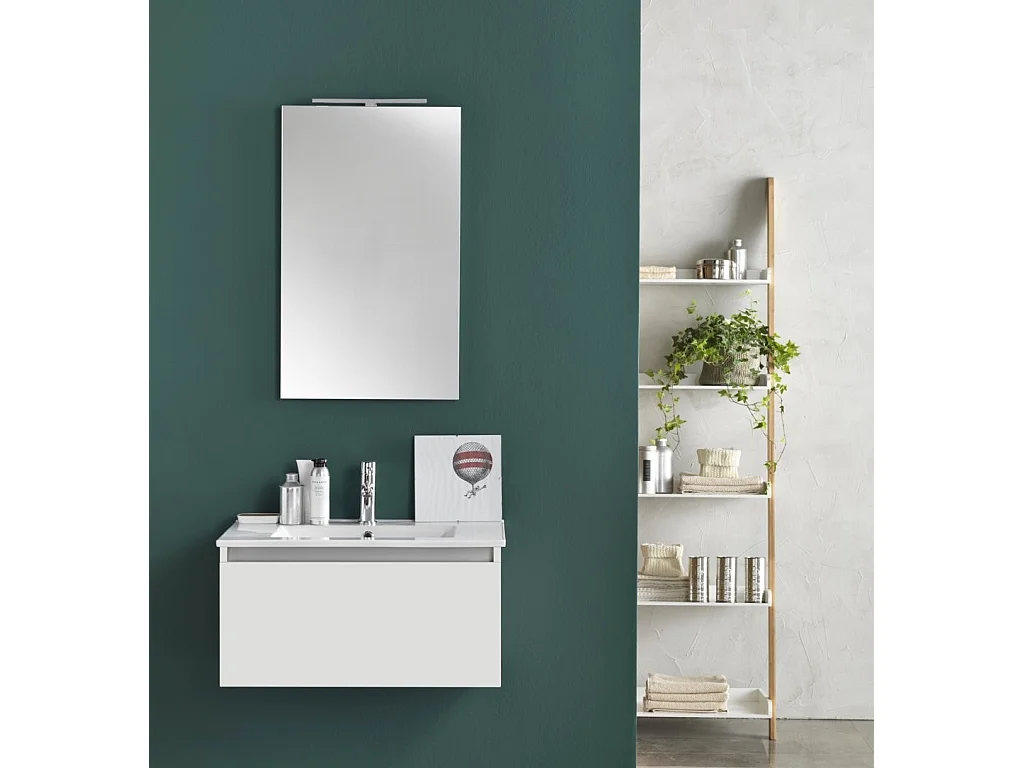 Ensemble meuble de salle de bain 1 tiroir laqué blanc mat et miroir lumineux Teph L 70cm