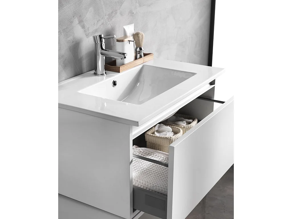 Ensemble meuble de salle de bain 1 tiroir laqué blanc mat et miroir lumineux Teph L 70cm