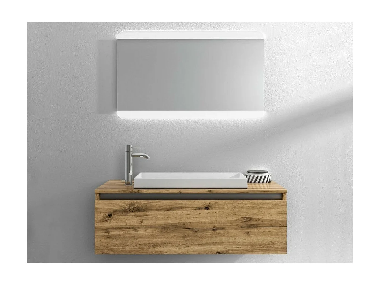 Ensemble meuble de salle de bain 1 tiroir chêne clair et miroir à LED Teph L 100cm