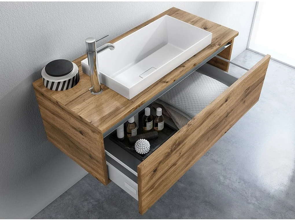 Ensemble meuble de salle de bain 1 tiroir chêne clair et miroir à LED Teph L 100cm