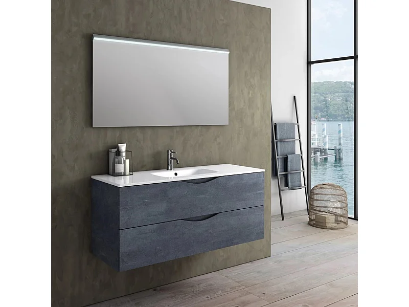 Ensemble meuble de salle de bain 2 tiroirs bleu effet pierre et miroir à LED Olo L 120cm