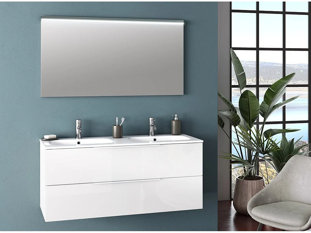 Ensemble meuble de salle de bain 2 tiroirs laqué blanc double vasque et miroir lumineux Molam L 120cm