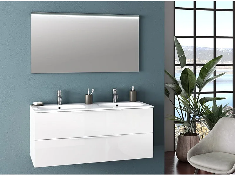 Ensemble meuble de salle de bain 2 tiroirs laqué blanc double vasque et miroir lumineux Molam L 120cm
