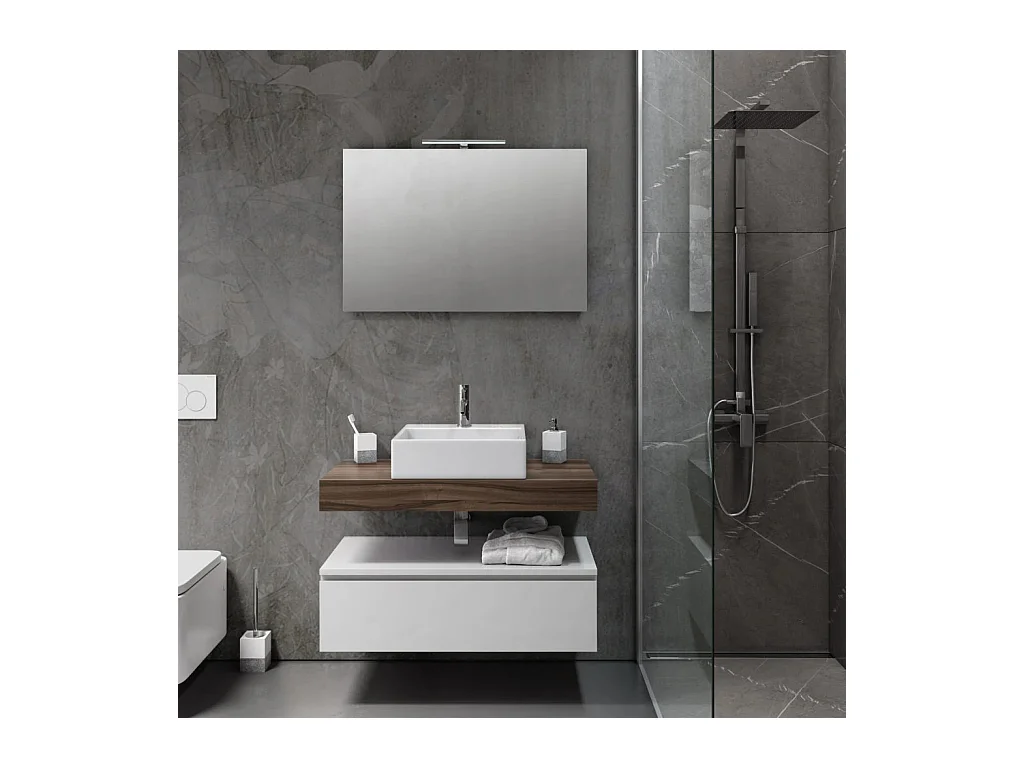 Ensemble meuble de salle de bain 1 tiroir blanc et bois clair et miroir lumineux Kyo L 90cm
