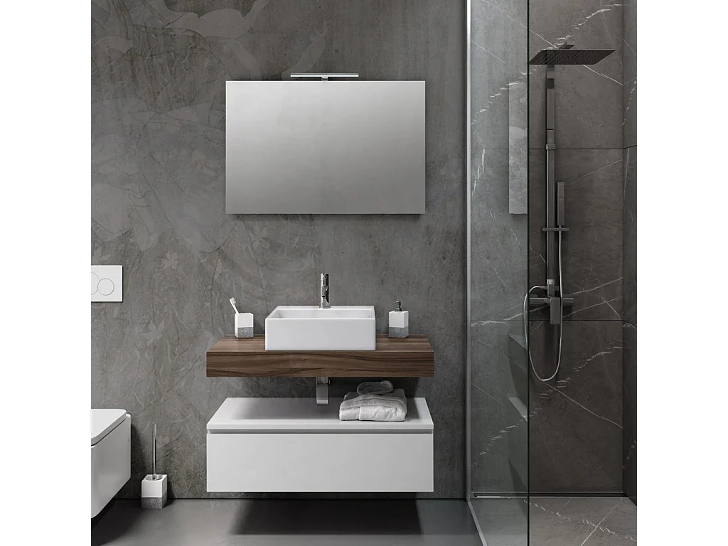 Ensemble meuble de salle de bain 1 tiroir blanc et bois clair et miroir lumineux Kyo L 90cm