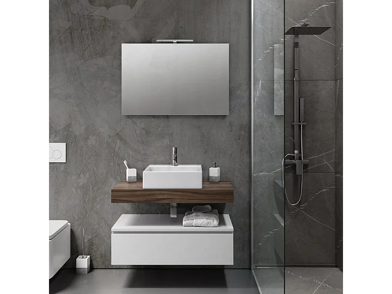 Ensemble meuble de salle de bain 1 tiroir blanc et bois clair et miroir lumineux Kyo L 90cm