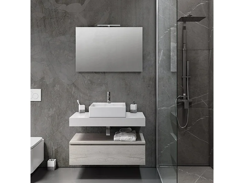 Ensemble meuble de salle de bain 1 tiroir blanc et gris clair et miroir lumineux Kyo L 90cm