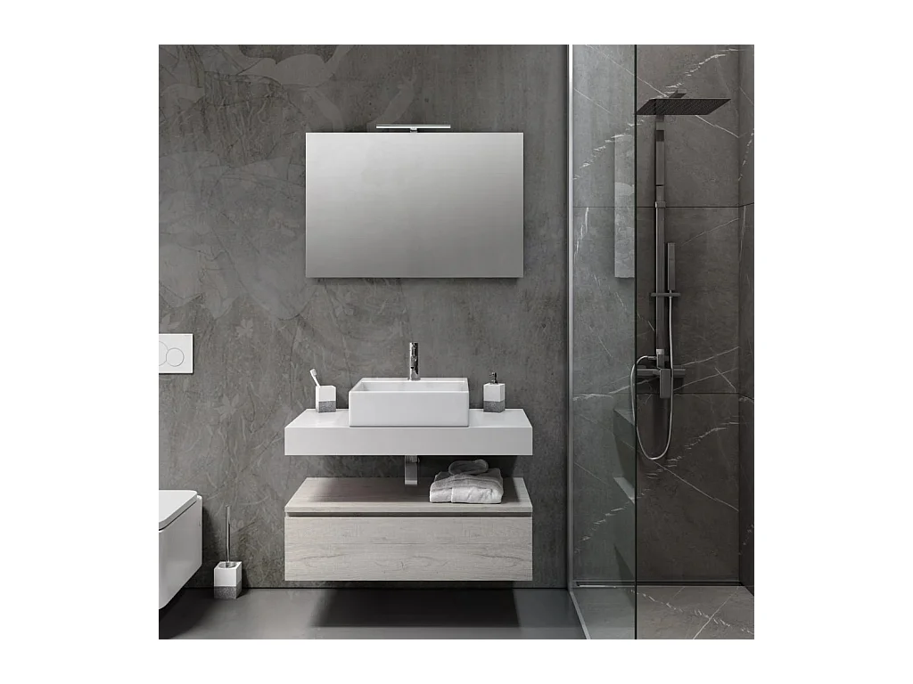 Ensemble meuble de salle de bain 1 tiroir blanc et gris clair et miroir lumineux Kyo L 90cm