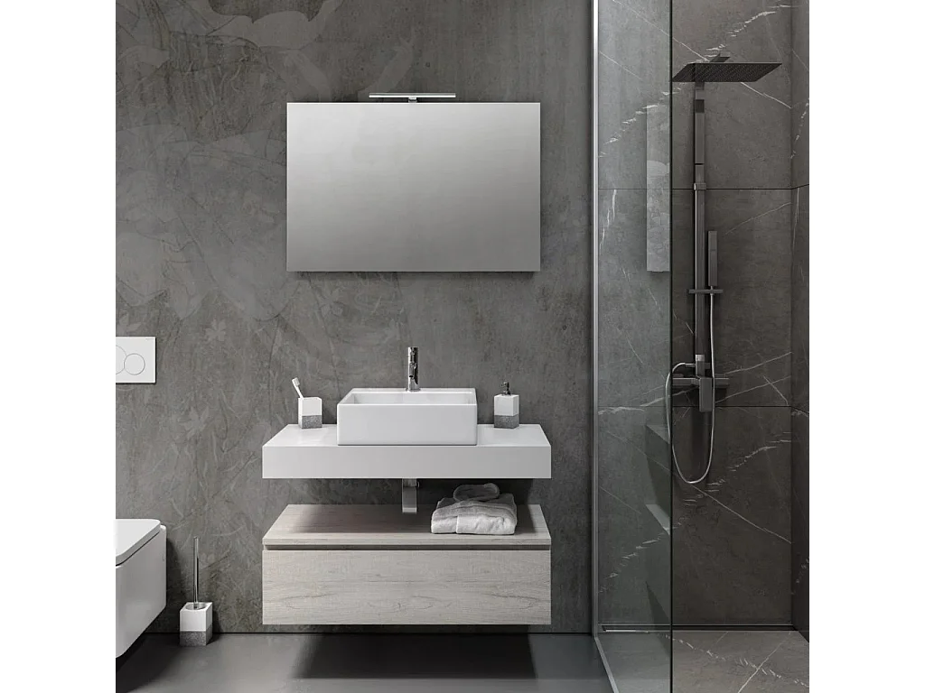 Ensemble meuble de salle de bain 1 tiroir blanc et gris clair et miroir lumineux Kyo L 90cm