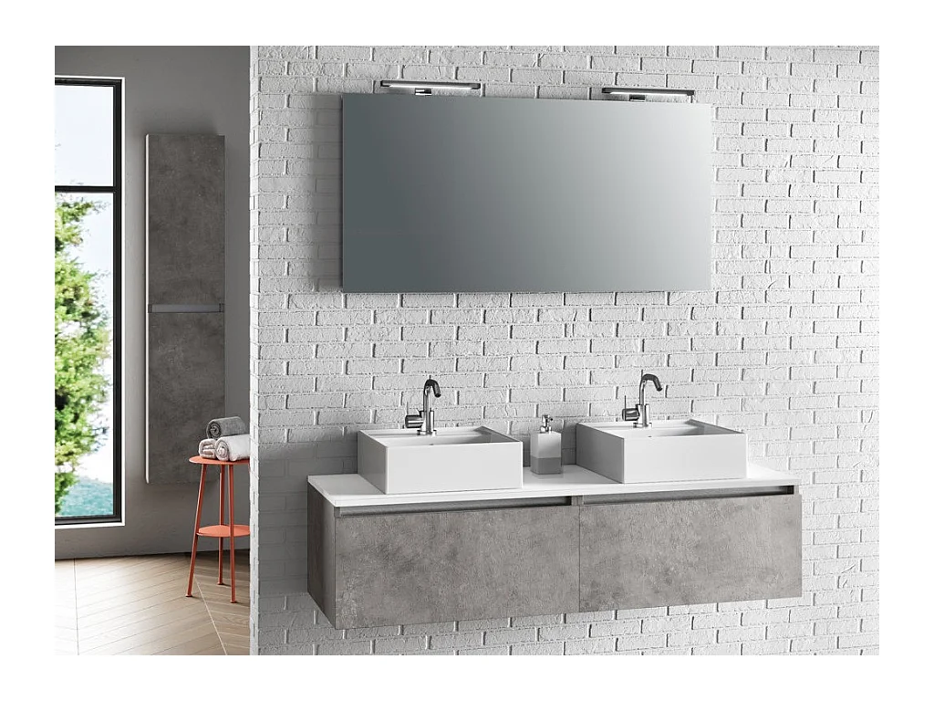 Ensemble meuble de salle de bain 2 tiroirs bois effet béton et miroir lumineux Teph L 140cm