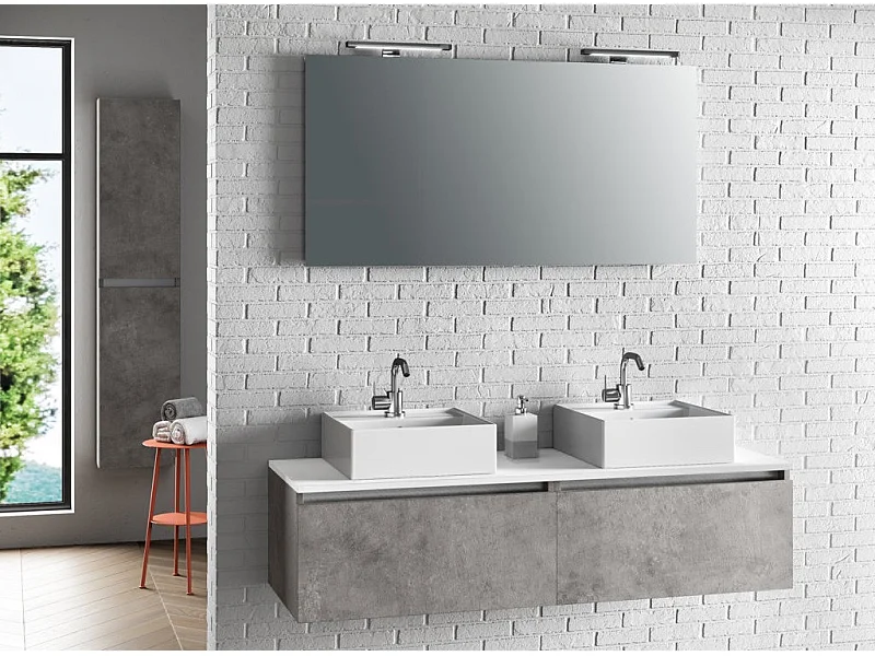 Ensemble meuble de salle de bain 2 tiroirs bois effet béton et miroir lumineux Teph L 140cm