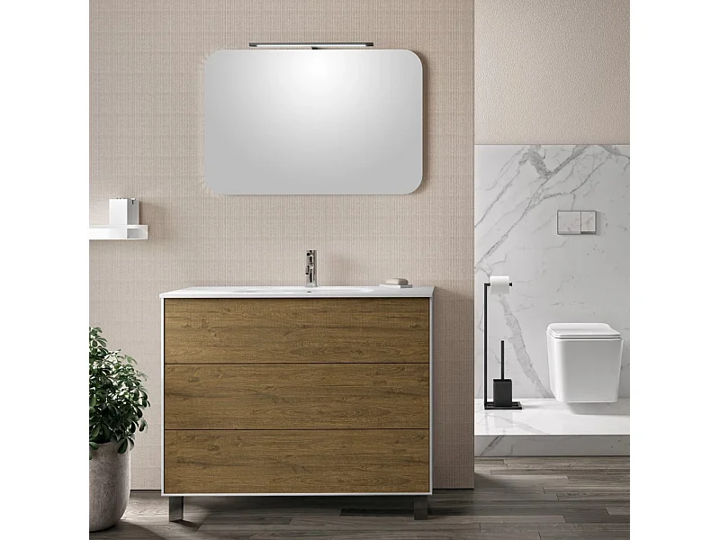 Ensemble meuble de salle de bain 3 tiroirs laqué blanc et chêne et miroir à LED Oga L 100cm