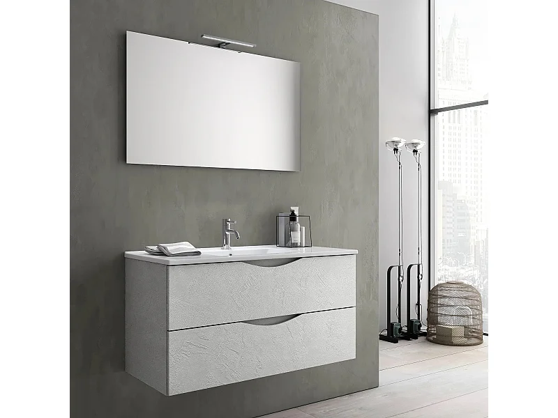 Ensemble meuble de salle de bain 2 tiroirs blanc effet pierre et miroir à LED Olo L 80cm