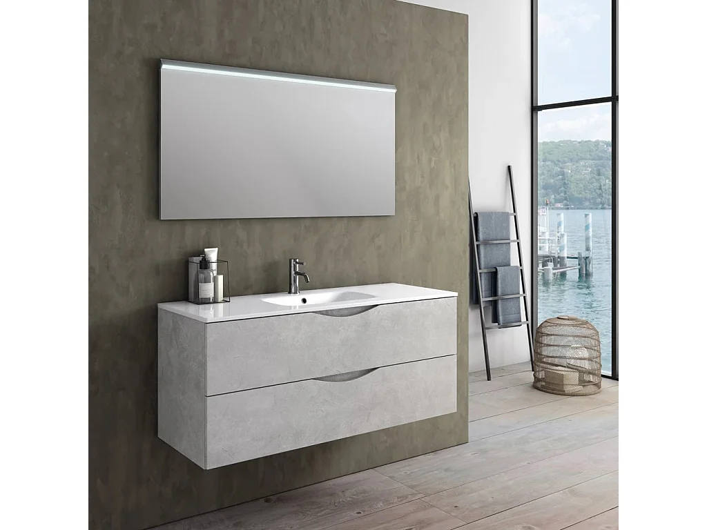 Ensemble meuble de salle de bain 2 tiroirs blanc effet pierre et miroir à LED Olo L 120cm