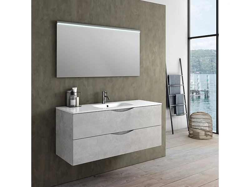 Ensemble meuble de salle de bain 2 tiroirs blanc effet pierre et miroir à LED Olo L 120cm