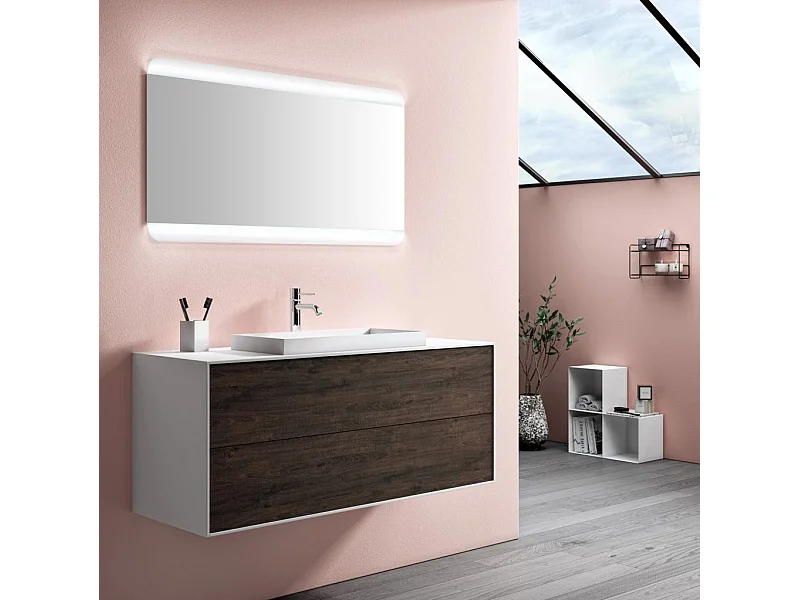 Ensemble meuble de salle de bain 2 tiroirs laqué blanc et marron et miroir lumineux Lago L 120cm 2