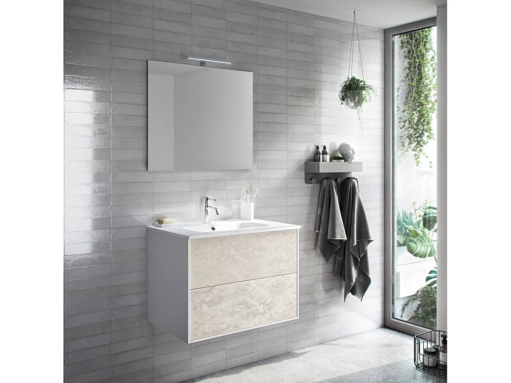Ensemble meuble de salle de bain 2 tiroirs bois blanc miroir à LED Oga L 80cm