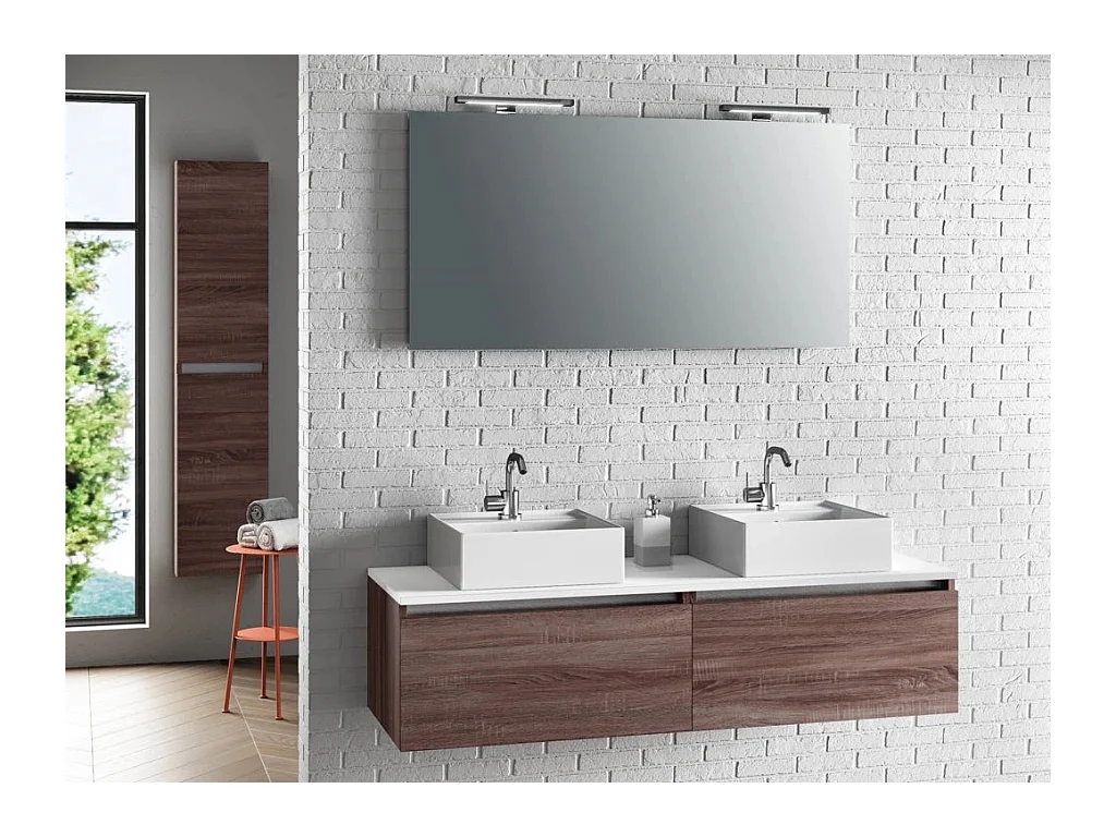 Ensemble meuble de salle de bain 2 tiroirs bois foncé et miroir lumineux Teph L 140cm