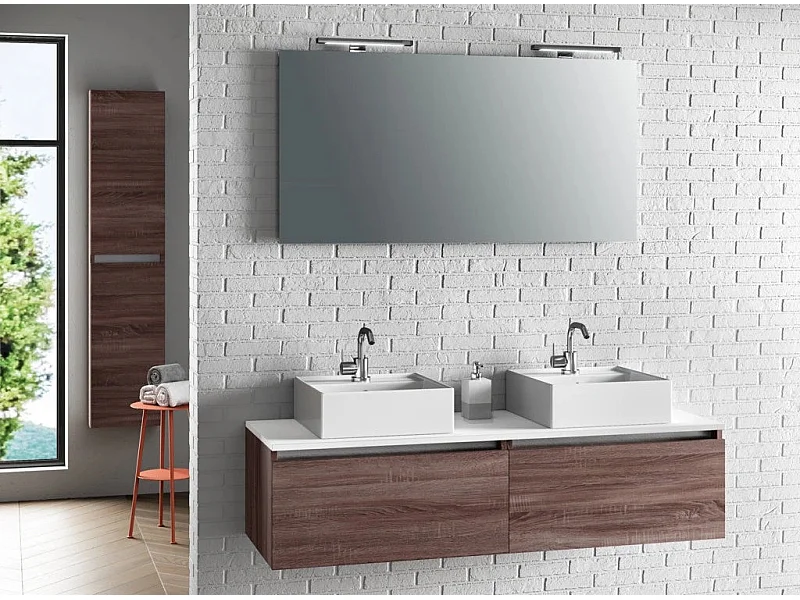 Ensemble meuble de salle de bain 2 tiroirs bois foncé et miroir lumineux Teph L 140cm