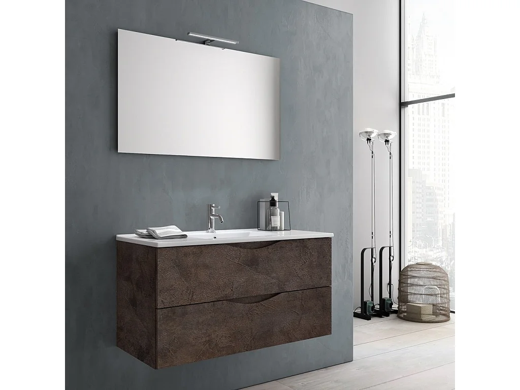 Ensemble meuble de salle de bain 2 tiroirs marron effet pierre et miroir à LED Olo L 100cm