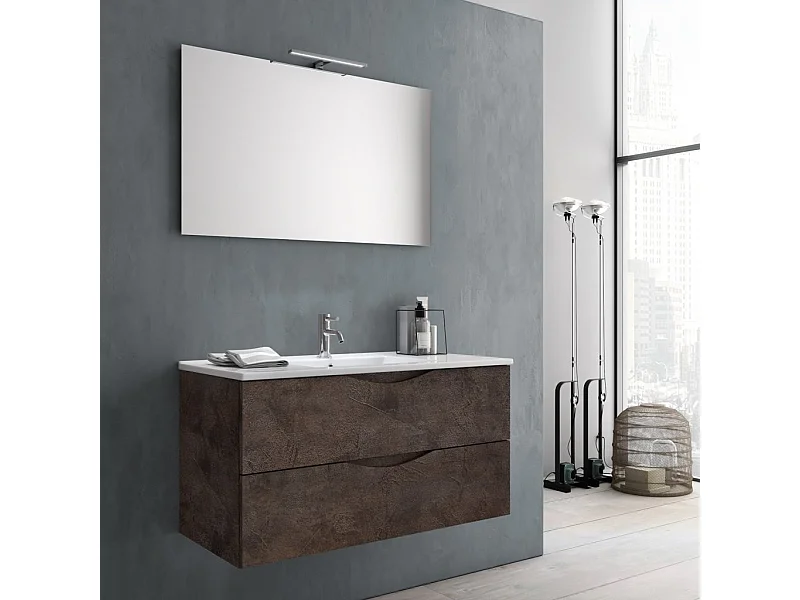 Ensemble meuble de salle de bain 2 tiroirs marron effet pierre et miroir à LED Olo L 100cm