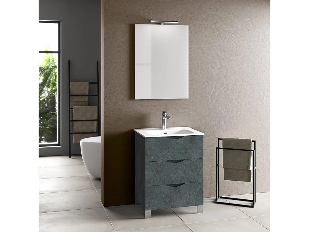 Ensemble meuble de salle de bain 3 tiroirs bleu effet pierre et miroir lumineux Olo L 60cm