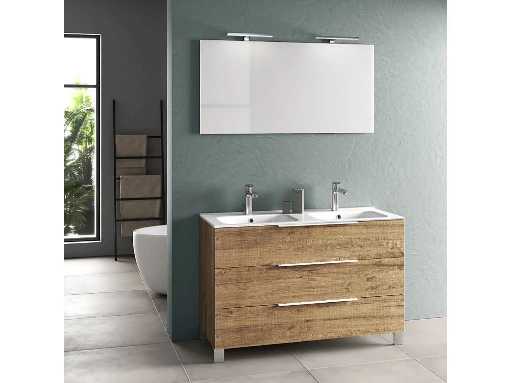 Ensemble meuble de salle de bain 3 tiroirs chêne clair double vasque et miroir à LED Molma L 120cm