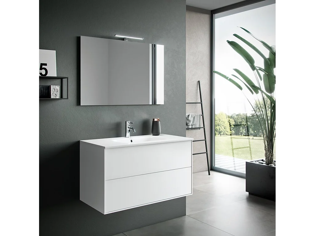 Ensemble meuble de salle de bain 2 tiroirs laqué blanc mat et miroir à LED Oga L 100cm