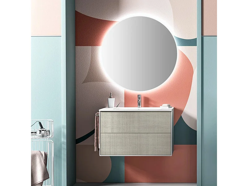Ensemble meuble de salle de bain 2 tiroirs laqué blanc et beige et miroir à LED Lago L 80cm