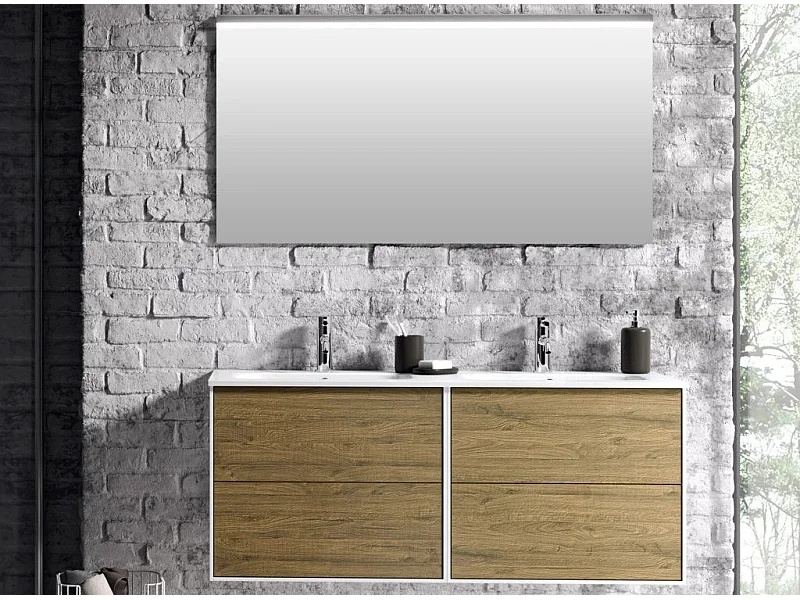 Ensemble meuble de salle de bain 4 tiroirs bois chêne clair et miroir Lago L 120cm