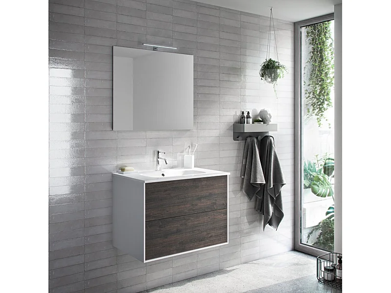 Ensemble meuble de salle de bain 2 tiroirs laqué blanc et marron et miroir à LED Oga L 70cm