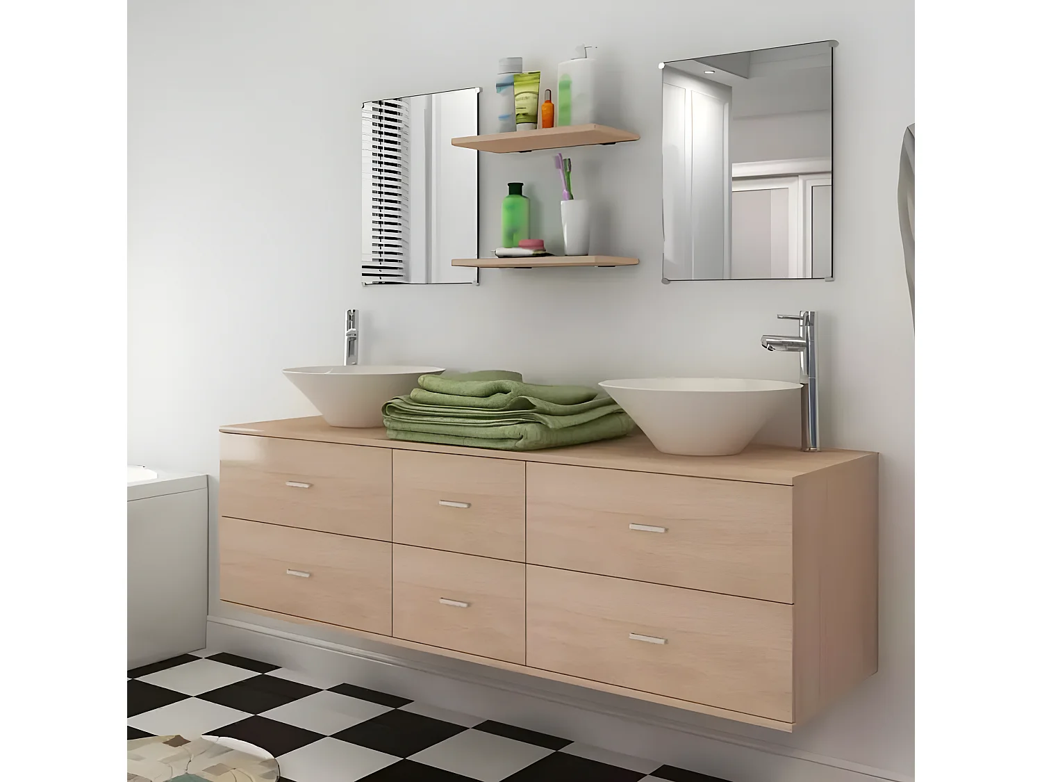 Meuble de salle de bain 15 pièces bois laqué beige Val