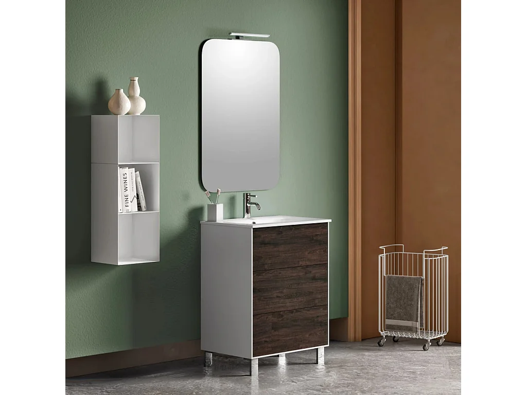 Ensemble meuble de salle de bain 3 tiroirs laqué blanc et marron et miroir lumineux Lago L 60cm
