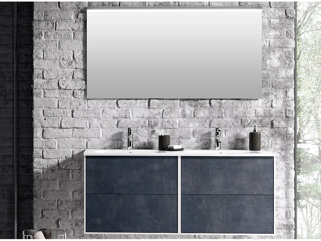 Ensemble meuble de salle de bain 4 tiroirs bleu effet pierre et miroir Lago L 120cm