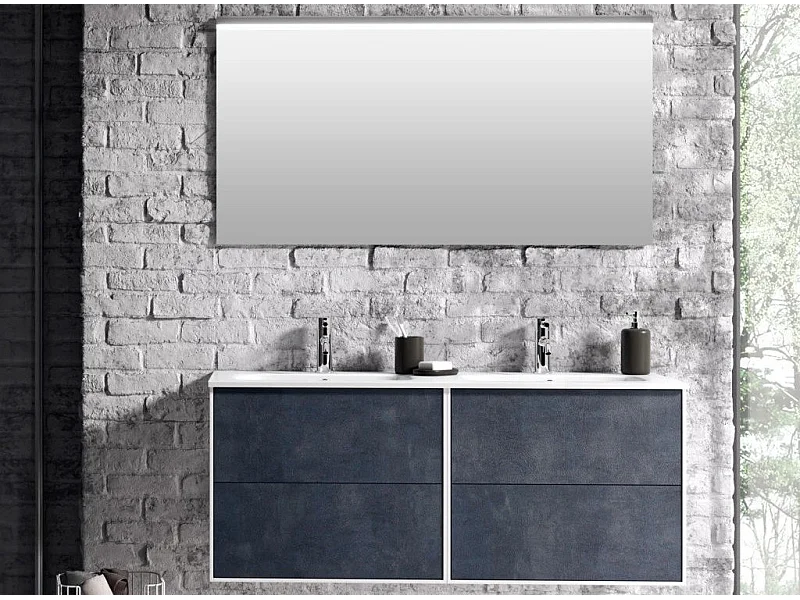 Ensemble meuble de salle de bain 4 tiroirs bleu effet pierre et miroir Lago L 120cm