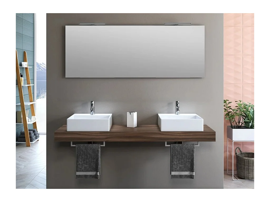 Ensemble meuble de salle de bain noyer double vasque et miroir lumineux Kyo L 165cm