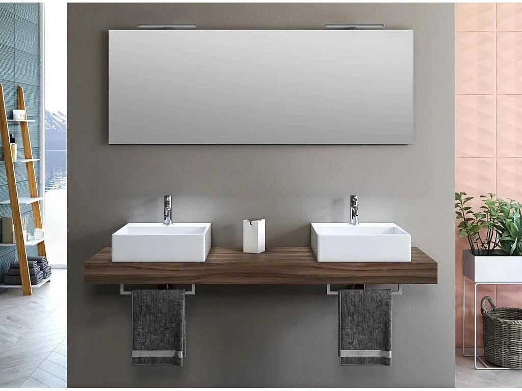 Ensemble meuble de salle de bain noyer double vasque et miroir lumineux Kyo L 165cm