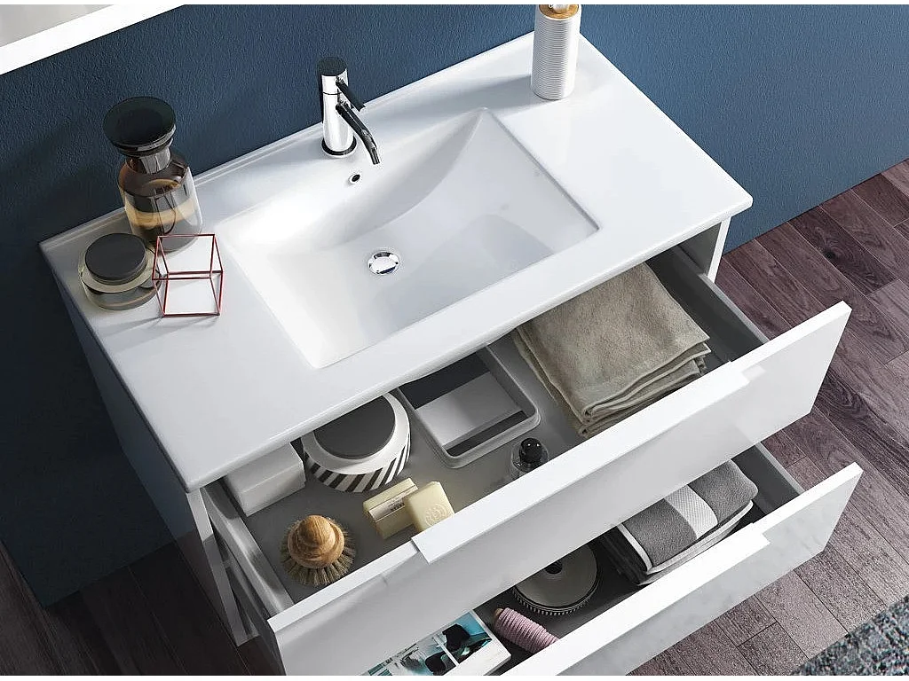 Ensemble meuble de salle de bain 3 tiroirs bois marron et miroir lumineux Malo L 100cm