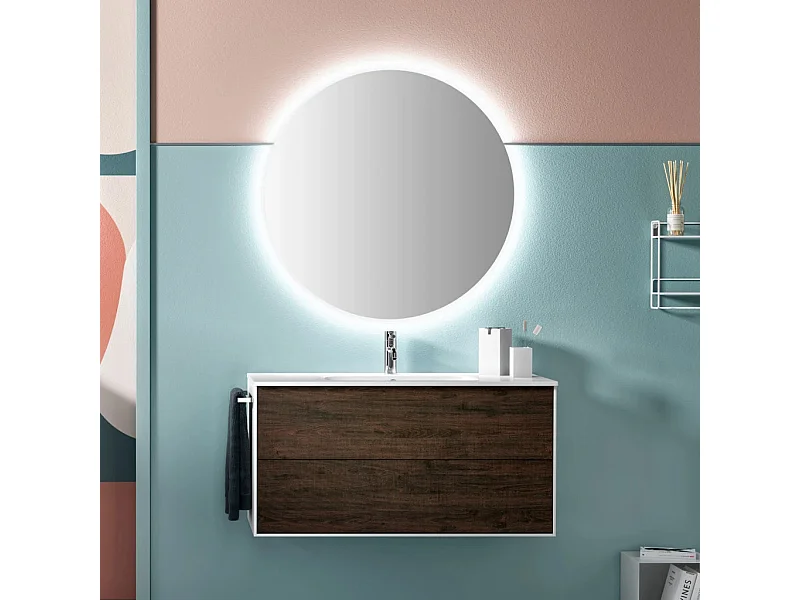 Ensemble meuble de salle de bain 2 tiroirs laqué blanc et marron et miroir lumineux Lago L 100cm 2