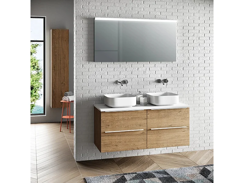 Ensemble meuble de salle de bain 4 tiroirs bois chêne clair et miroir lumineux Malo L 120cm