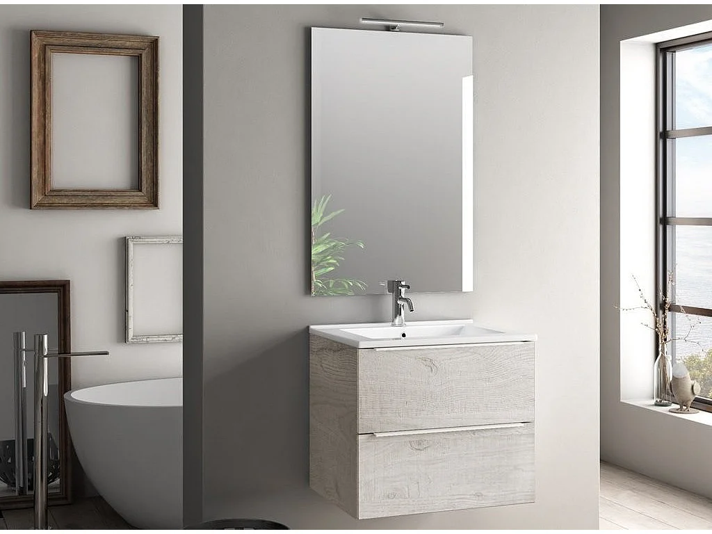 Ensemble meuble de salle de bain 2 tiroirs bois gris clair et miroir lumineux Malo L 60cm