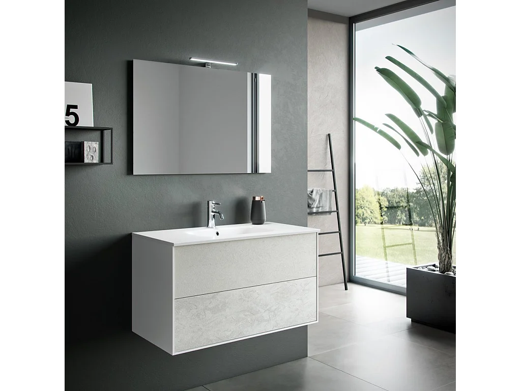 Ensemble meuble de salle de bain 2 tiroirs bois blanc et miroir à LED Oga L 90cm